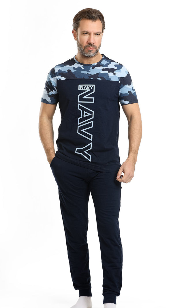 Men's Printed O Neck Pajama-Navy 198