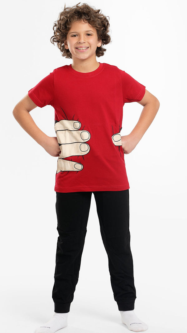Burgundy & Black Printed Waist Giant Hand Grip Boys Cotton Pajama بيجاما صيفي اولادي 527