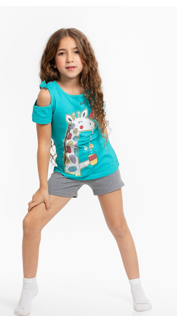Grils Pajama Set (SHORT+ sleeveles) - 917- بيجاما صيفي بناتي