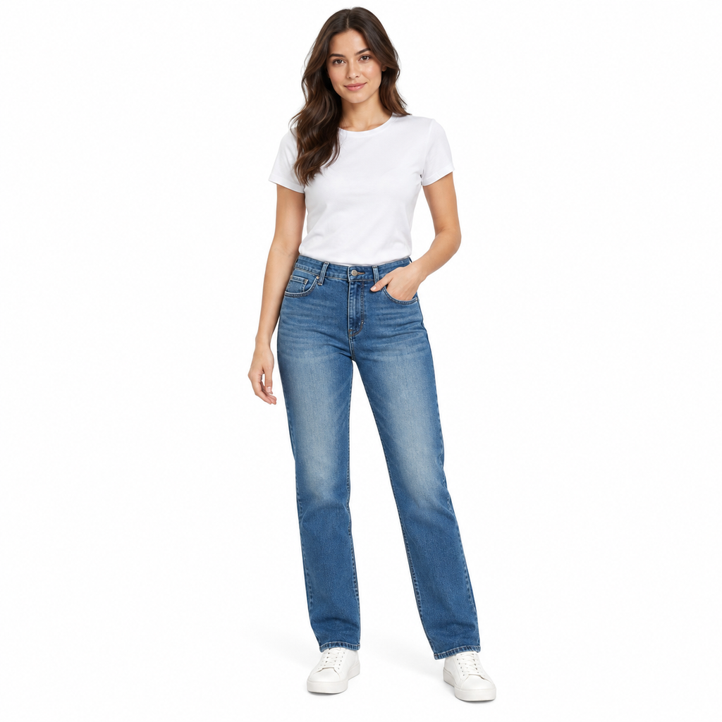 بنطلون جينز سليم فيت ازرق وسط سبيد الرباعية Women's Mid Blue Slim Fit Jeans
