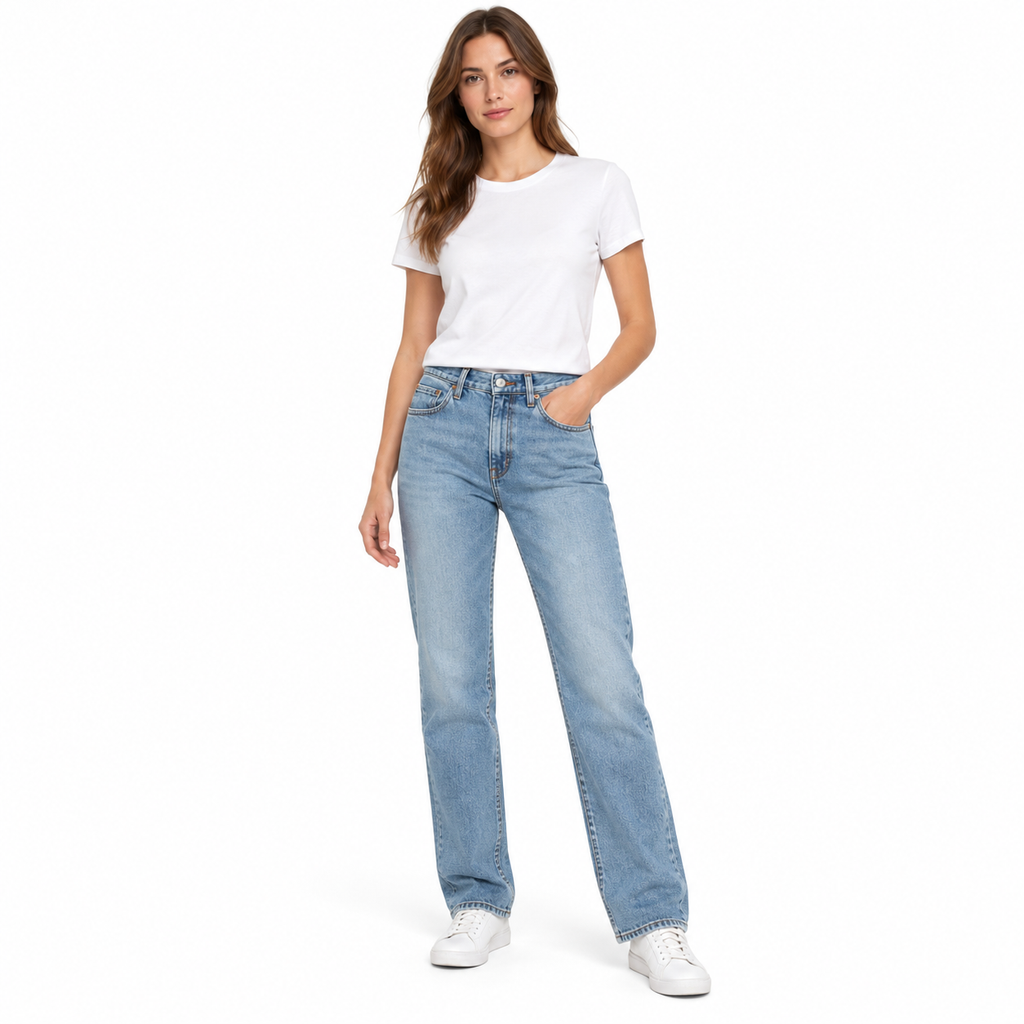 بنطلون جينز ستريت فيت نيو سكاي ليكرا ازرق فاتح Women's Light Blue Stretch Straight Fit Jeans