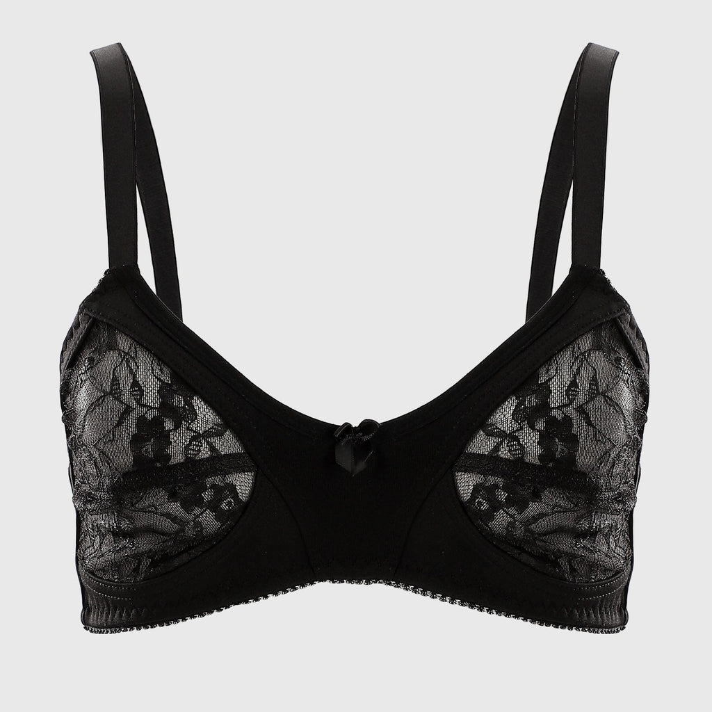 Lace & Synthetic Minimizer Bra - Black ميني مايزر دانتيل شفاف