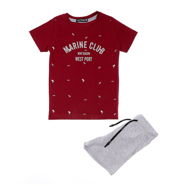 Round Neck Printed Burgundy & Grey Boys Cotton Pajama 529 بيجاما صيفي اولادي