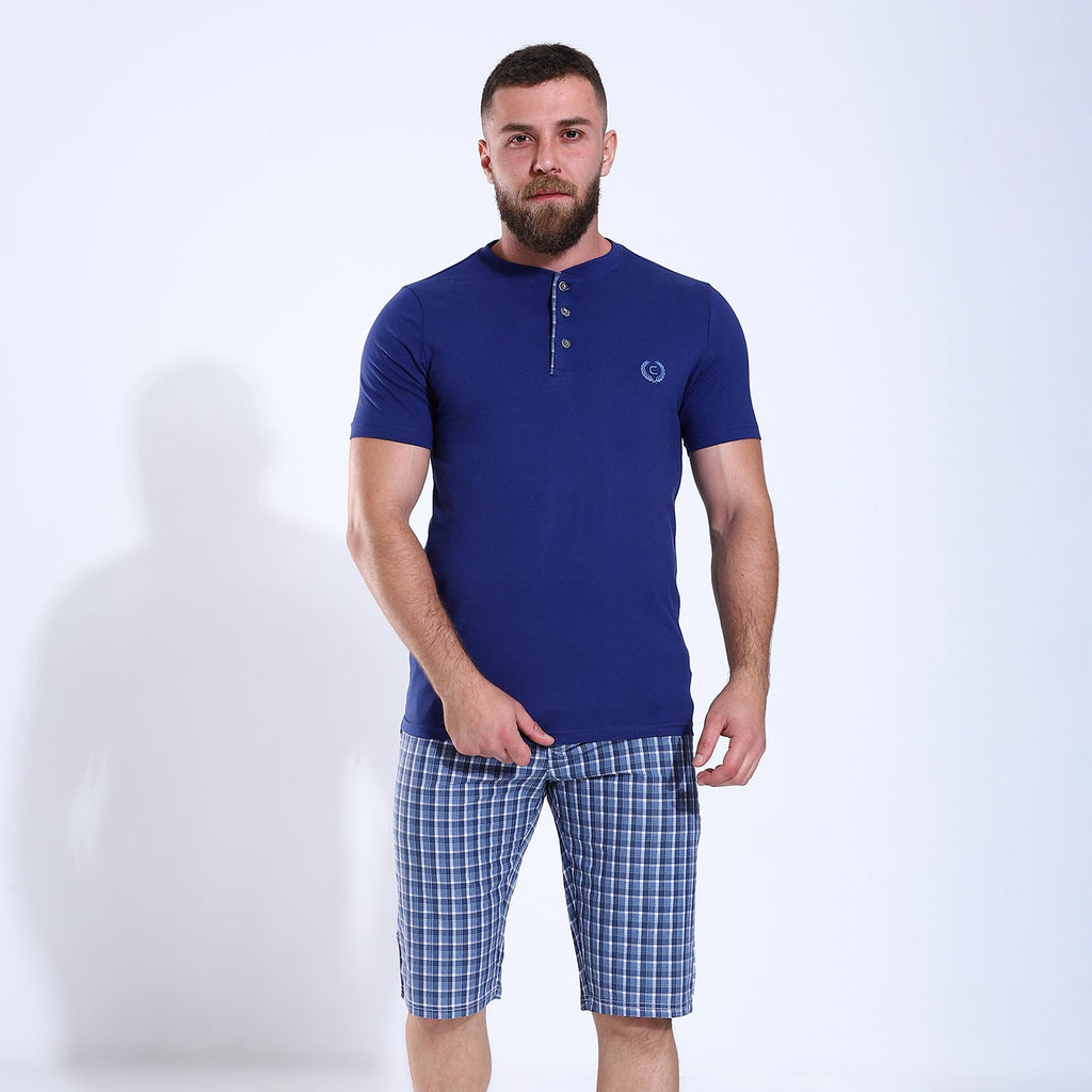 Men's Henley Tee With Checkered Shorts Pajama 203