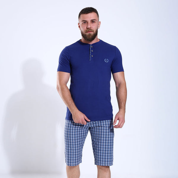 Men's Henley Tee With Checkered Shorts Pajama 203